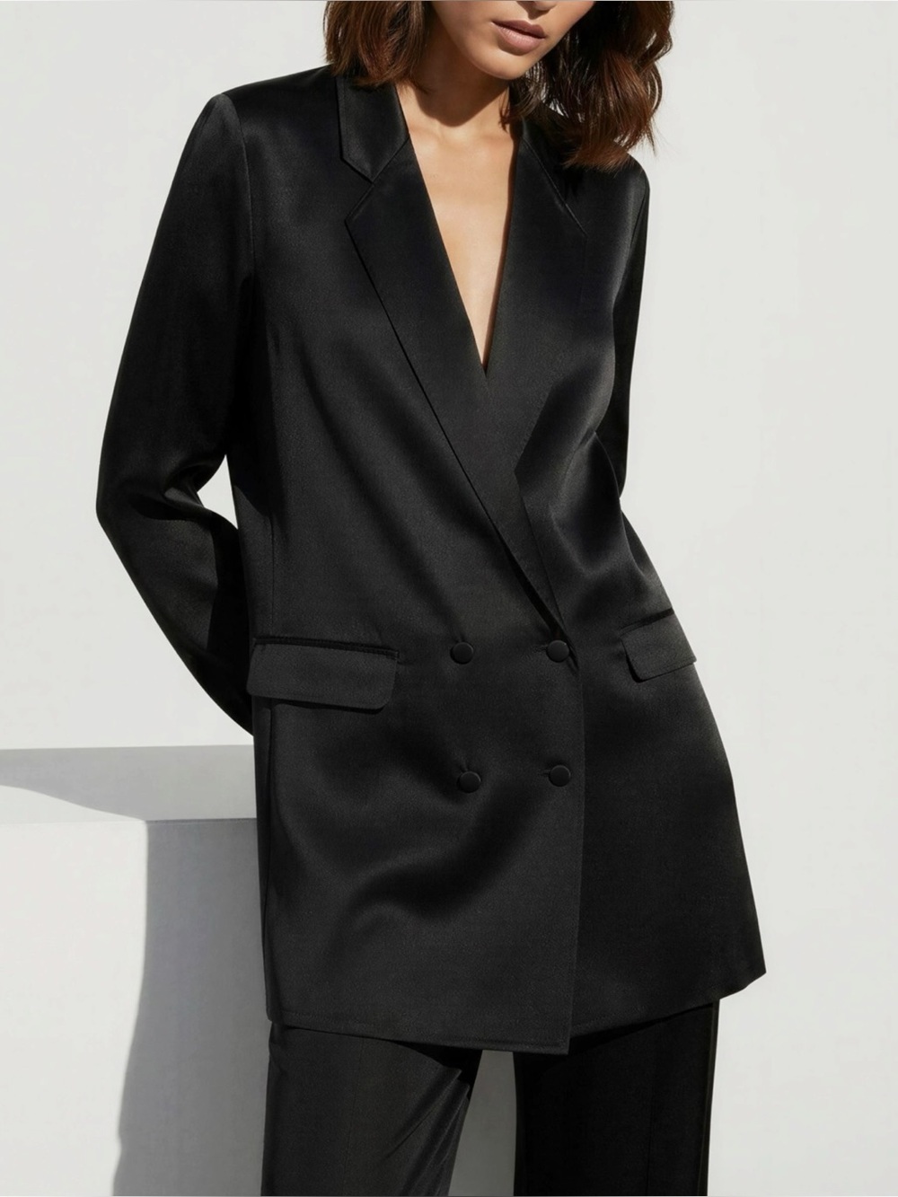 SILK LAUNDRY Relaxed Double Breasted Silk Blazer, Black, Small